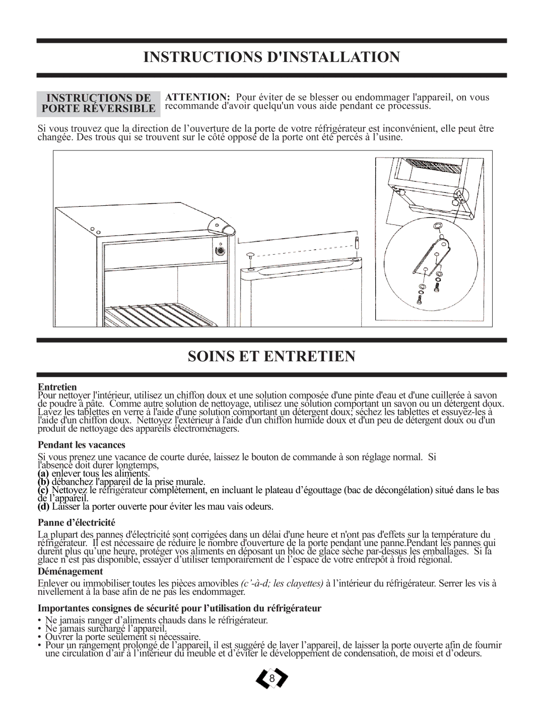 Sunbeam SBCR139WE warranty Instructions Dinstallation, Soins ET Entretien, Instructions DE Porte Réversible 