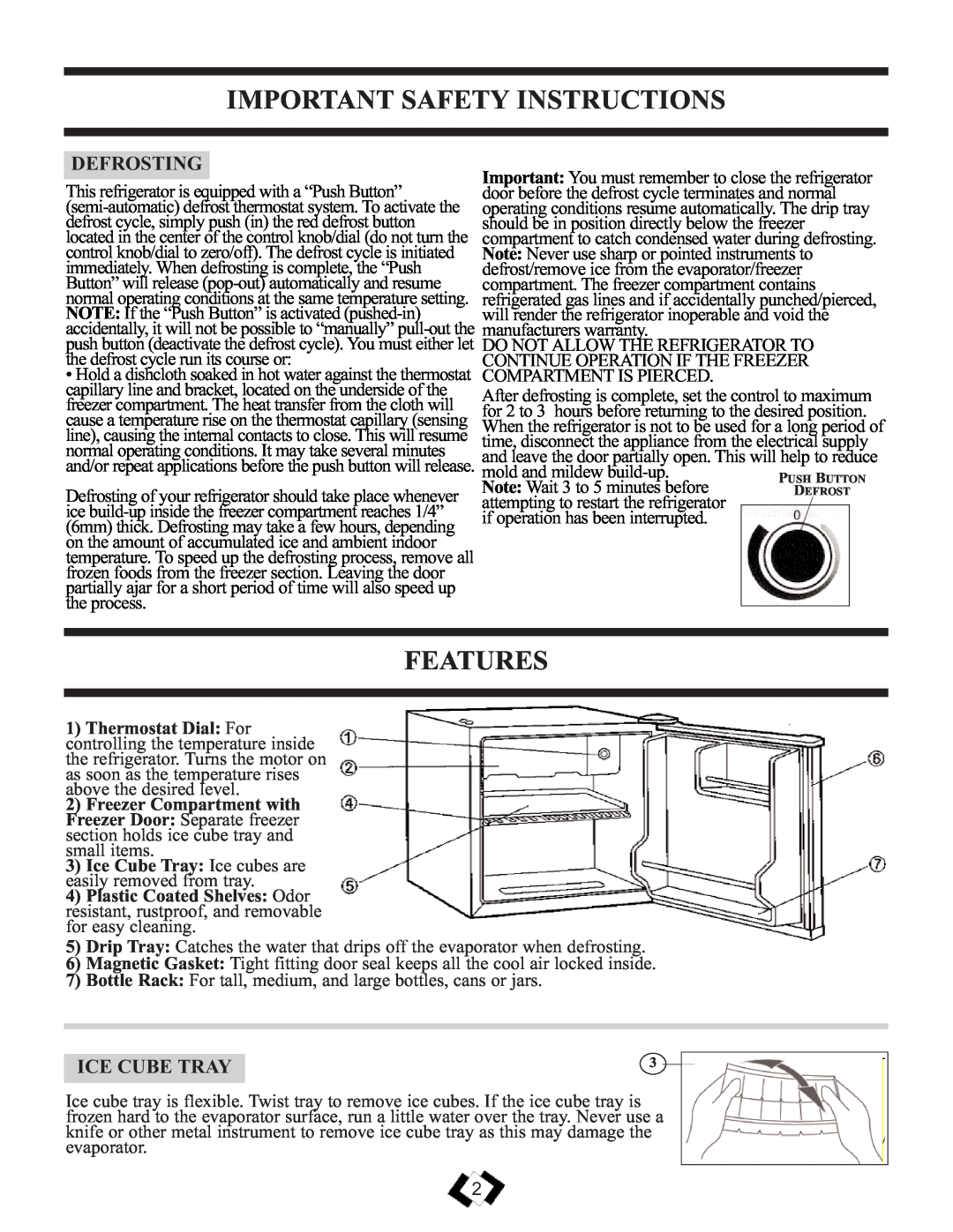 Sunbeam SBCR139WE warranty Features, Defrosting, Ice Cube Tray, Important Safety Instructions 