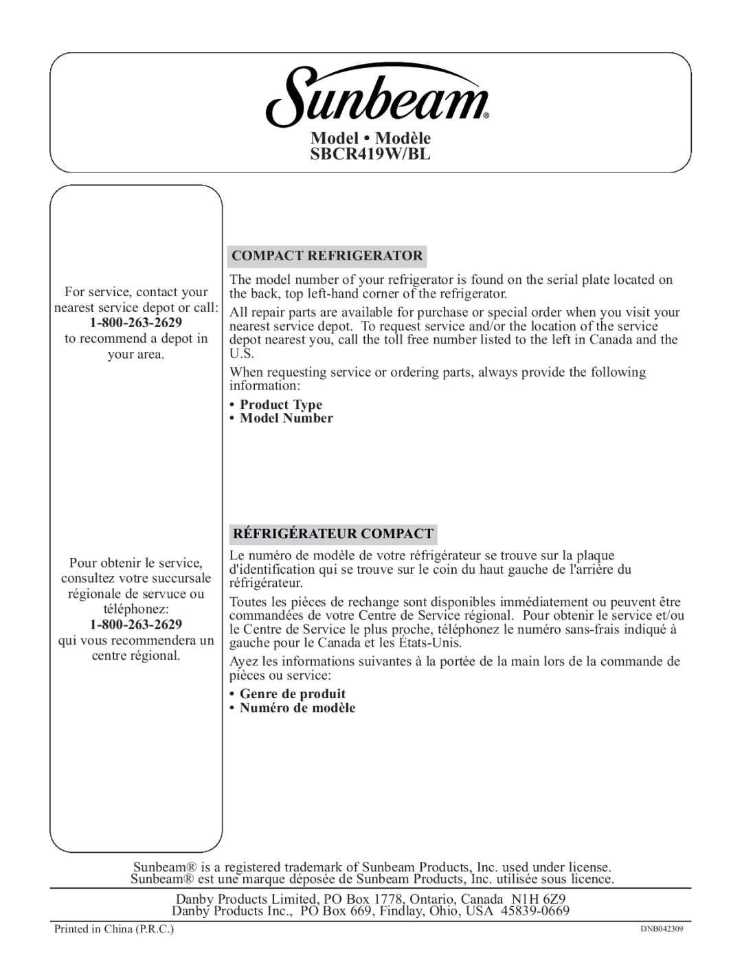 Sunbeam SBCR419W/BL Compact Refrigerator, Product Type Model Number, Genre de produit Numéro de modèle 