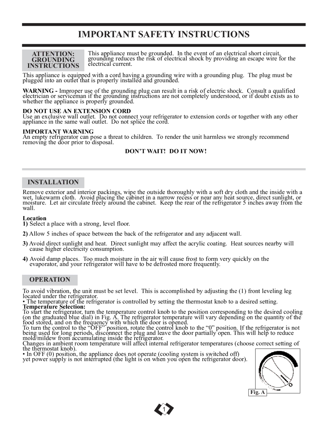 Sunbeam SBCR419W/BL important safety instructions Important Safety Instructions, Grounding, Installation, Operation 