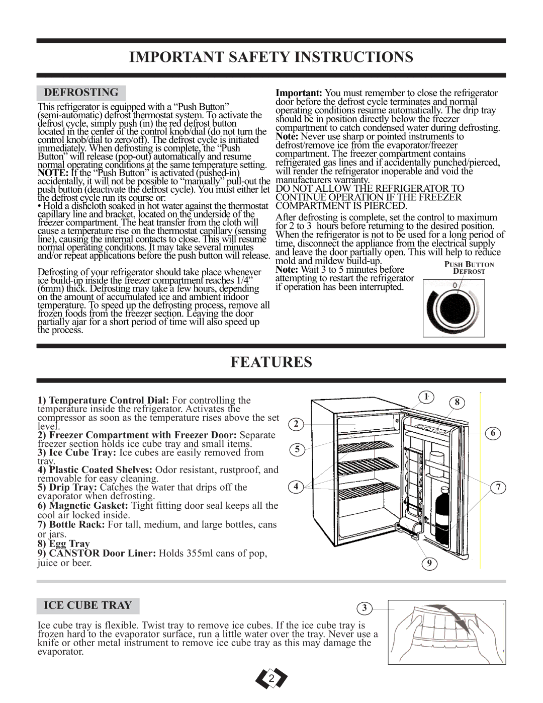 Sunbeam SBCR419W/BL important safety instructions Features, Defrosting, ICE Cube Tray 