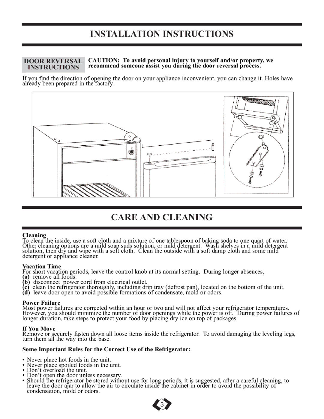 Sunbeam SBCR419W/BL important safety instructions Installation Instructions, Care and Cleaning, Door Reversal Instructions 