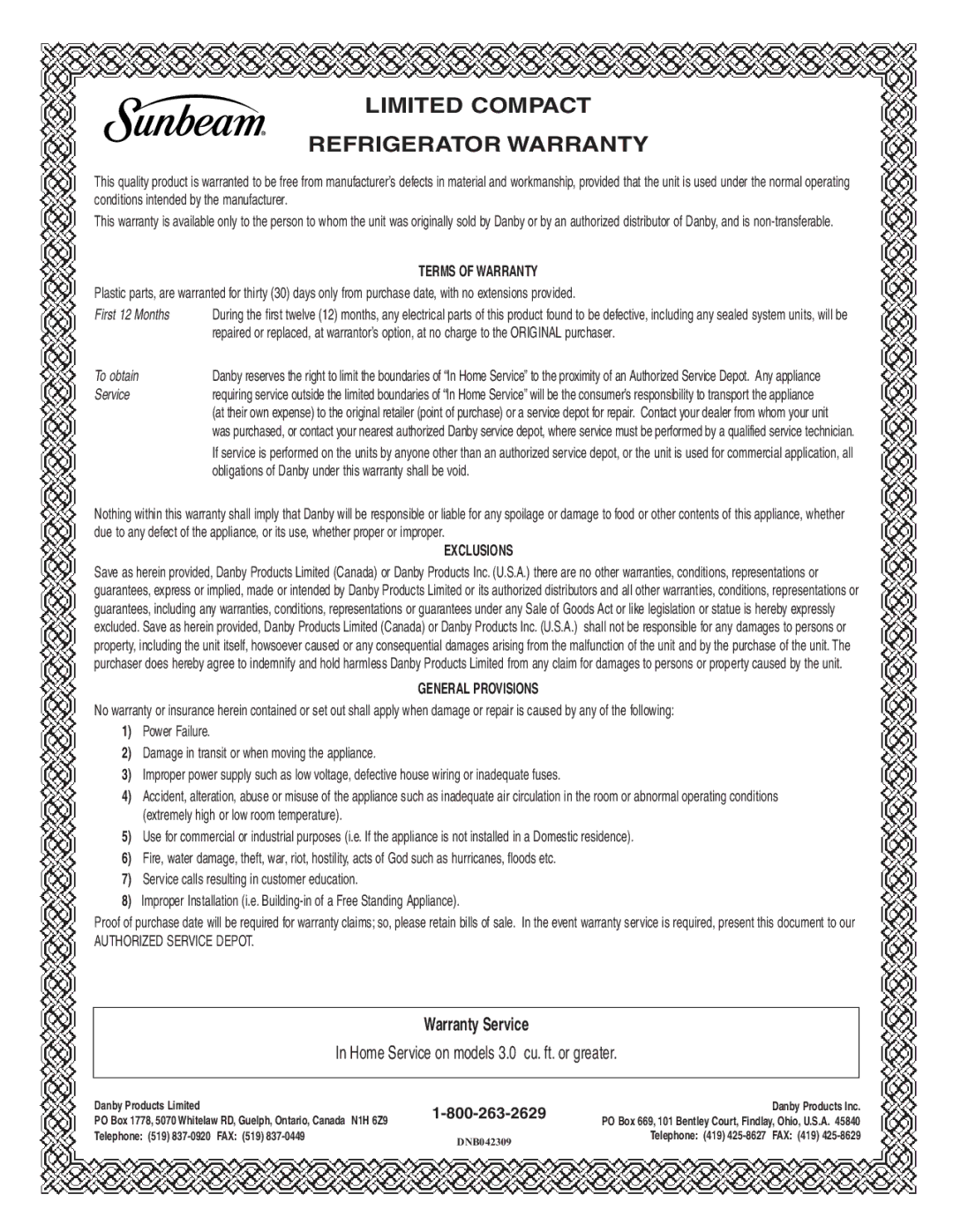 Sunbeam SBCR419W/BL important safety instructions Limited Compact Refrigerator Warranty 