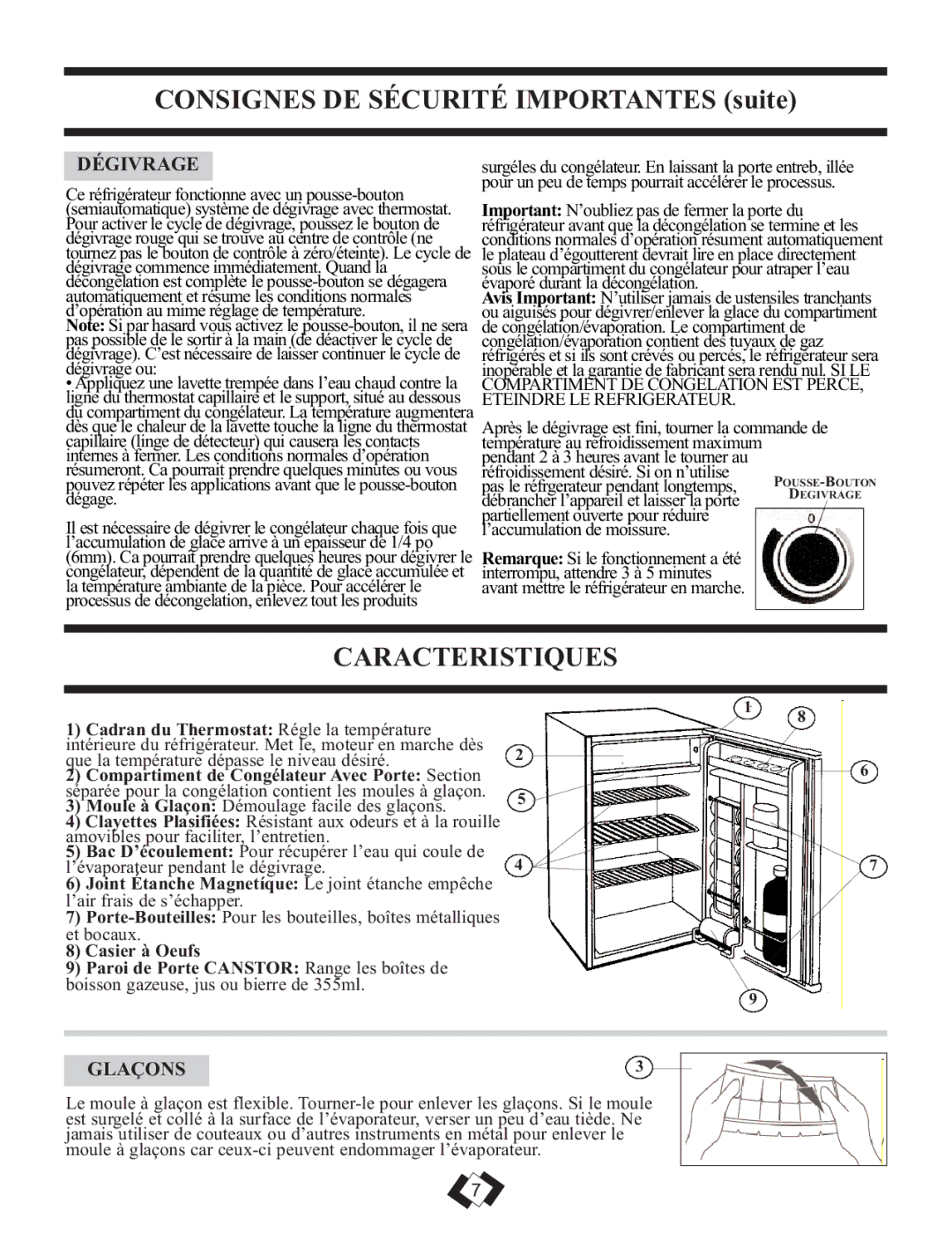 Sunbeam SBCR419W/BL important safety instructions Caracteristiques, Dégivrage, Glaçons 