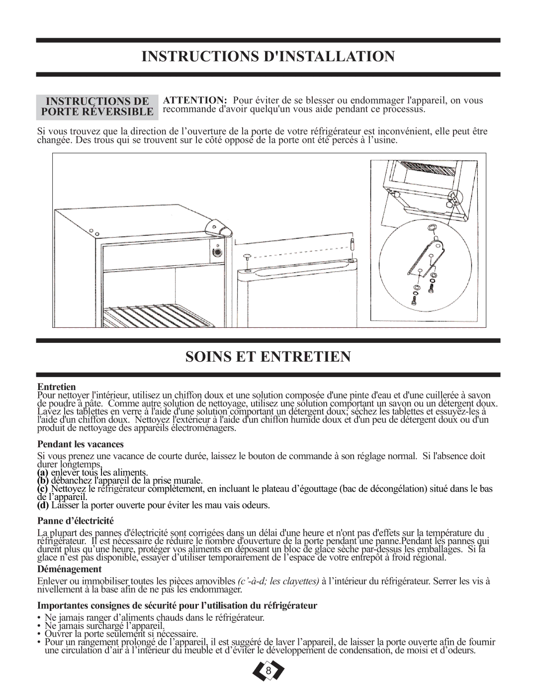 Sunbeam SBCR419W/BL Instructions Dinstallation, Soins ET Entretien, Instructions DE Porte Réversible 