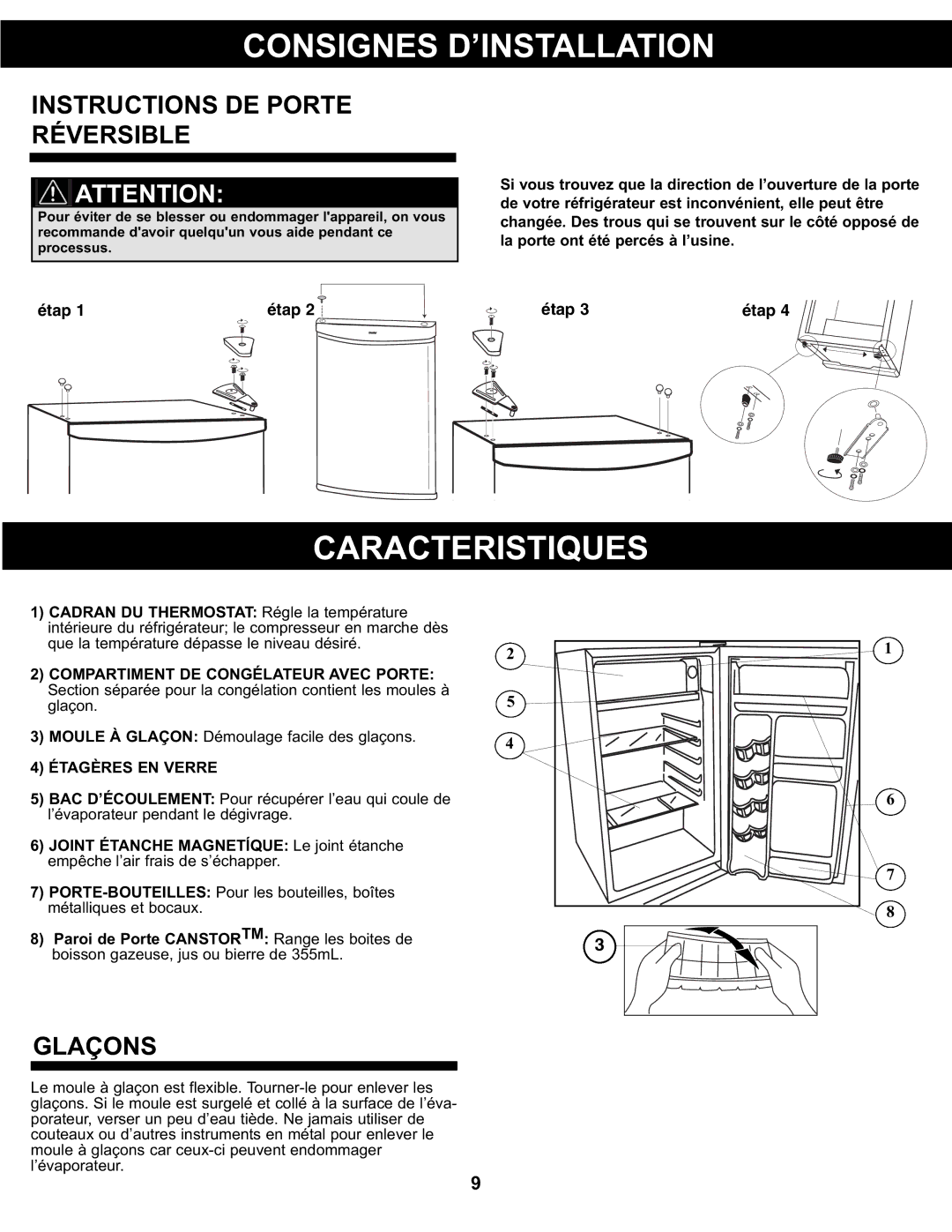 Sunbeam SBCR91BSL manual Caracteristiques, Instructions DE Porte Réversible, Glaçons, Étagères EN Verre 