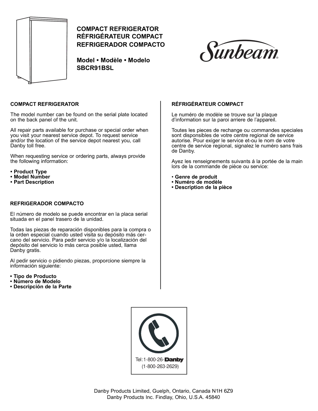 Sunbeam SBCR91BSL Product Type Model Number Part Description, Tipo de Producto Número de Modelo Descripción de la Parte 