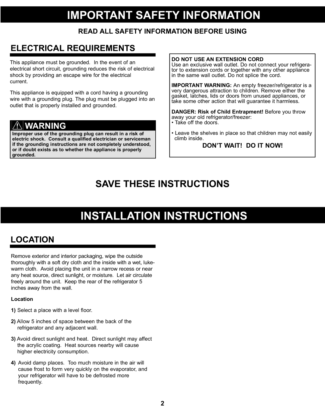 Sunbeam SBCR91BSL manual Important Safety Information, Installation Instructions, Electrical Requirements, Location 