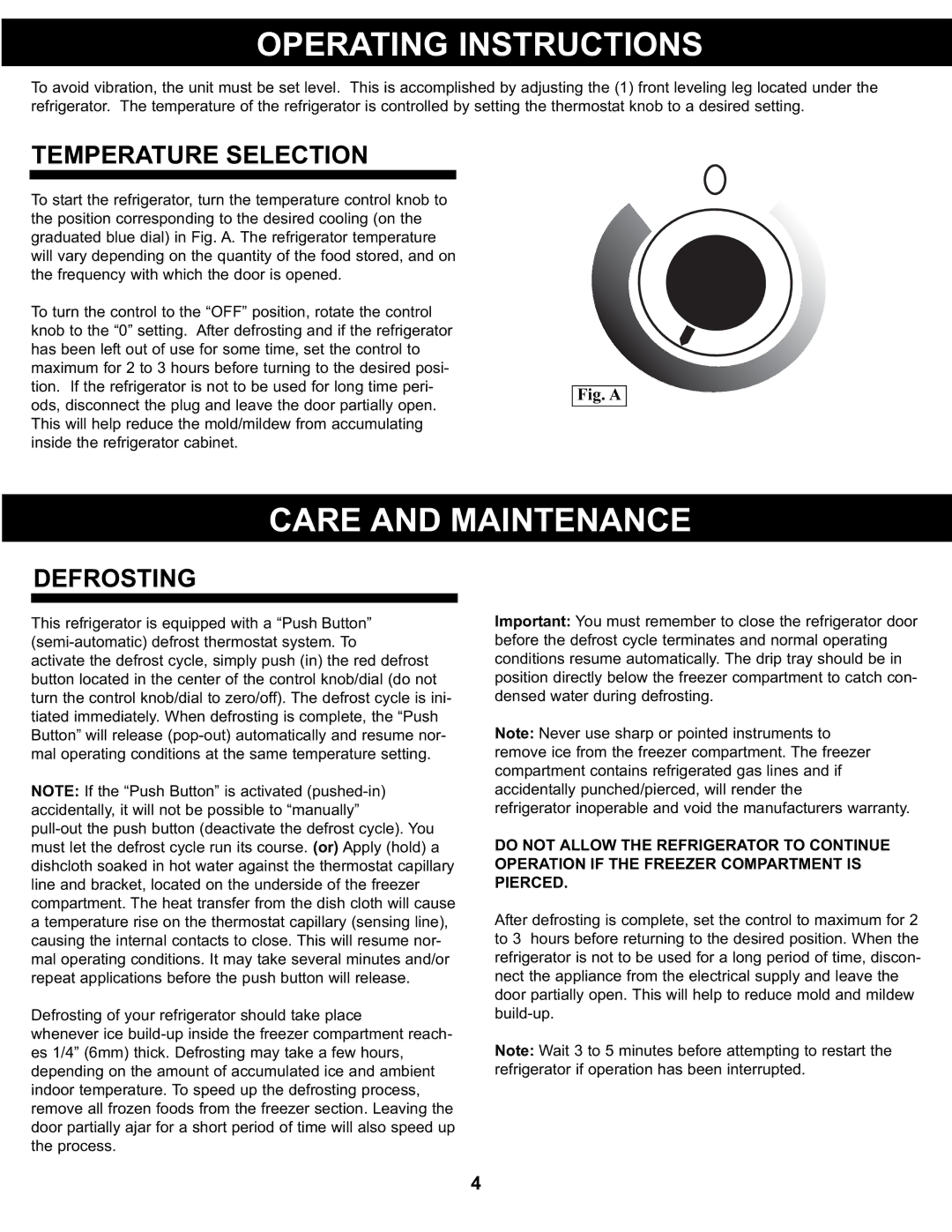 Sunbeam SBCR91BSL manual Operating Instructions, Care and Maintenance, Temperature Selection, Defrosting 