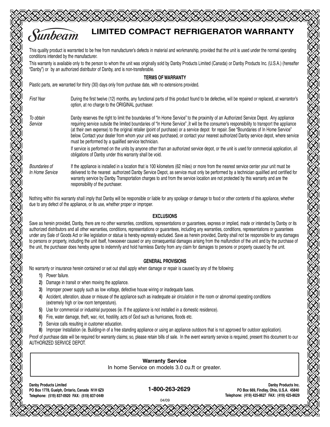 Sunbeam SBCR91BSL manual Limited Compact Refrigerator Warranty 