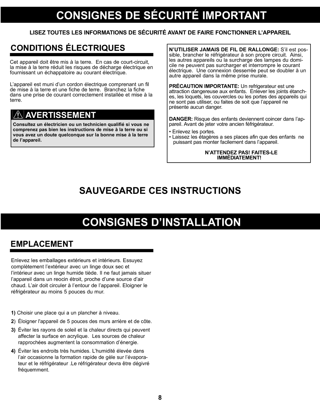 Sunbeam SBCR91BSL manual Consignes DE Sécurité Important, Consignes D’INSTALLATION, Conditions Électriques, Emplacement 