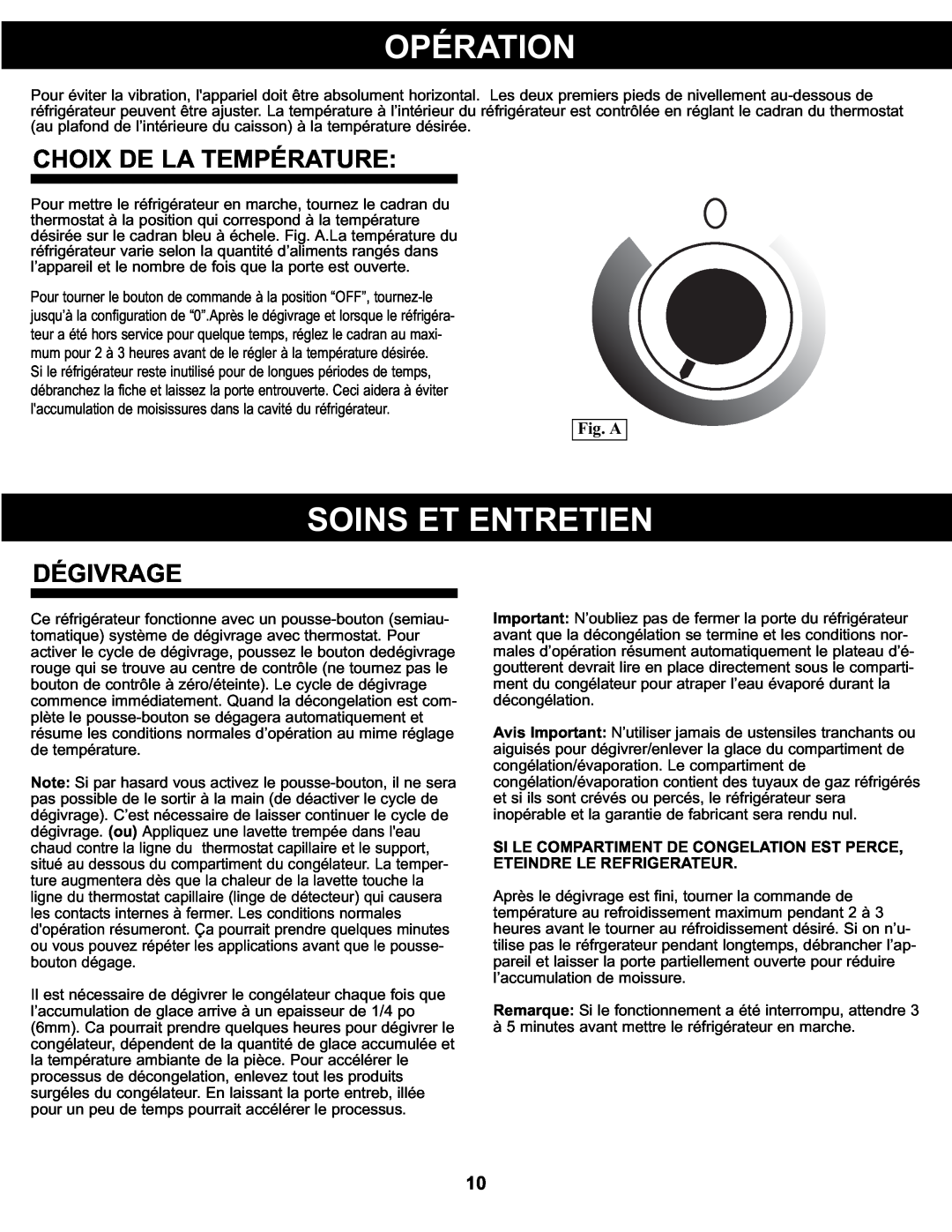 Sunbeam SBCR91BSL manual Opération, Soins Et Entretien, Choix De La Température, Dégivrage, Fig. A 