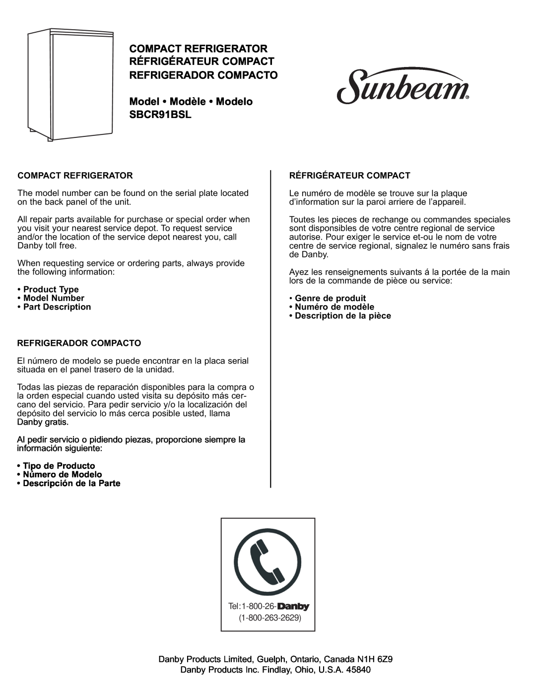 Sunbeam Model Modèle Modelo SBCR91BSL, Product Type Model Number Part Description, Tipo de Producto Número de Modelo 