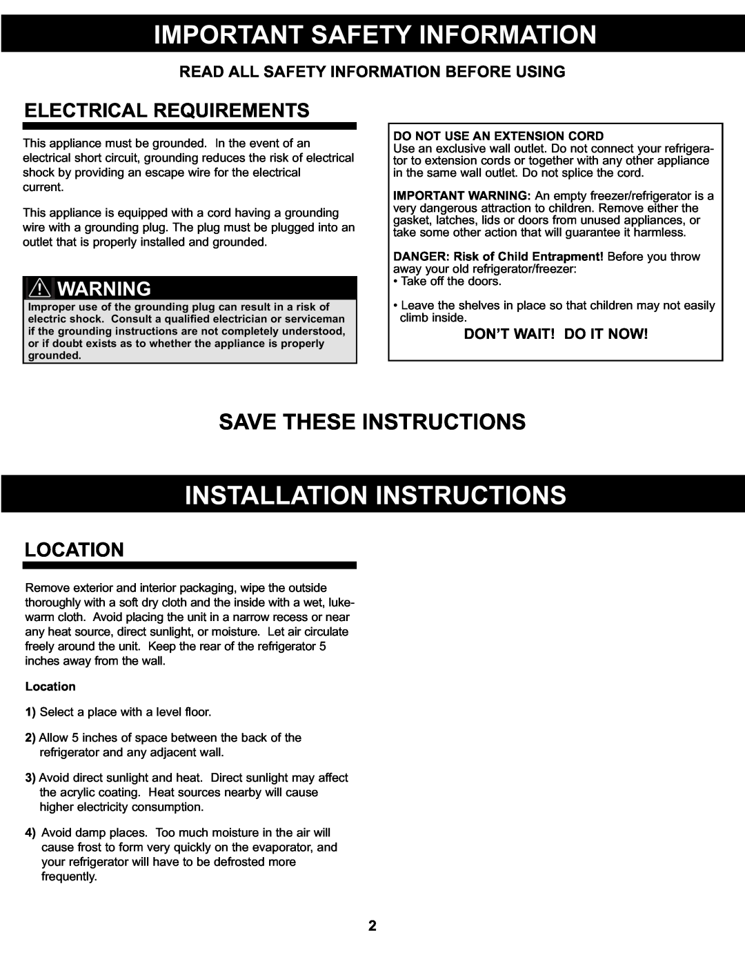 Sunbeam SBCR91BSL manual Important Safety Information, Installation Instructions, Save These Instructions, Location 