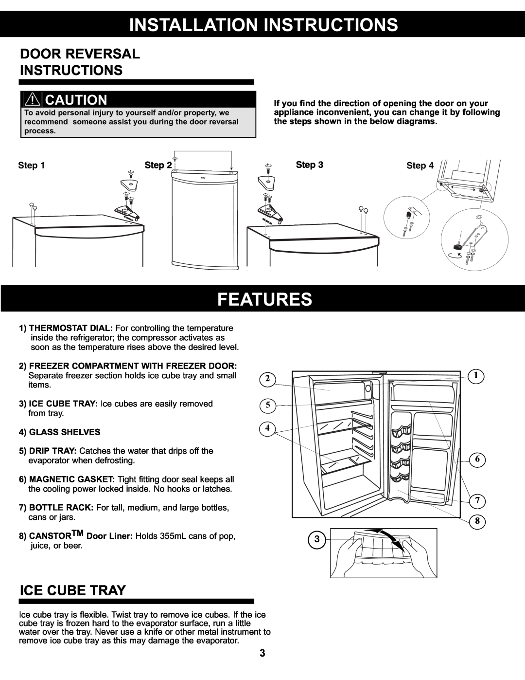 Sunbeam SBCR91BSL Features, Door Reversal Instructions, Ice Cube Tray, Step, 4GLASS SHELVES, Installation Instructions 