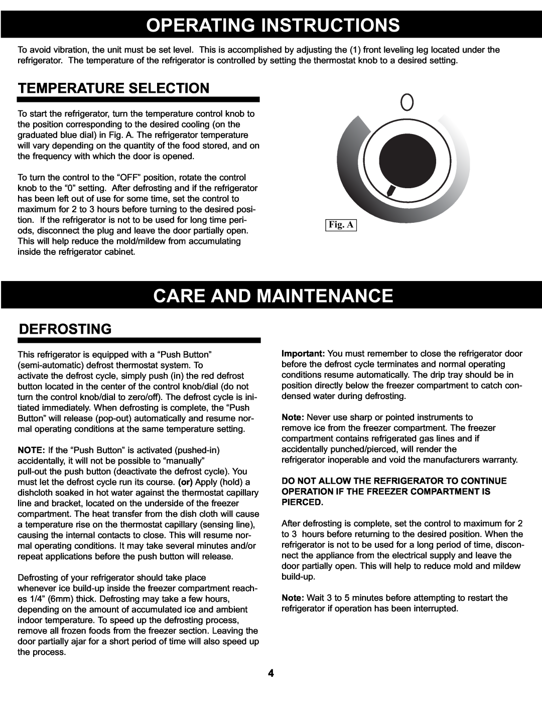 Sunbeam SBCR91BSL manual Operating Instructions, Care And Maintenance, Temperature Selection, Defrosting, Fig. A 