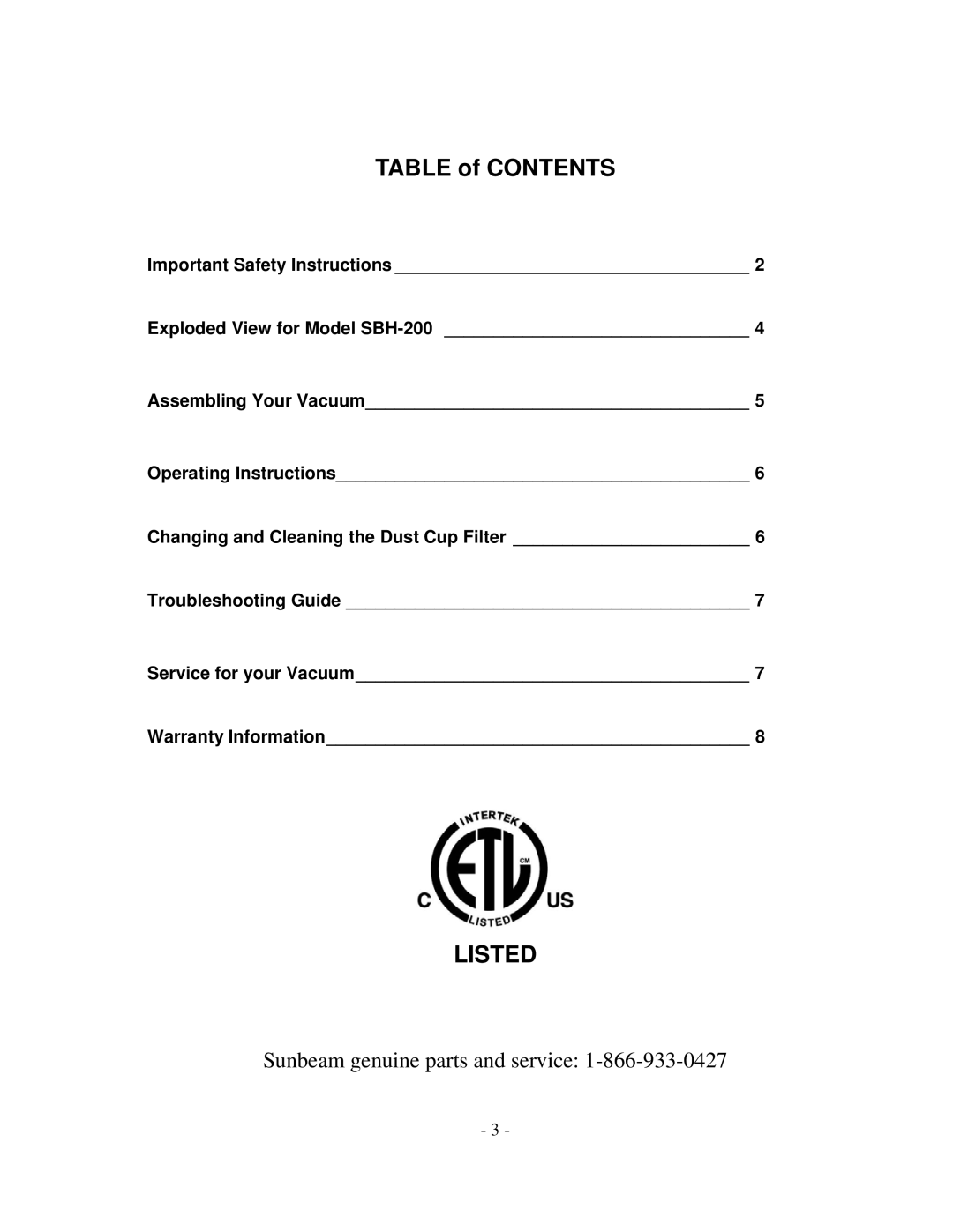 Sunbeam SBH-200 manual Table of Contents, Listed 