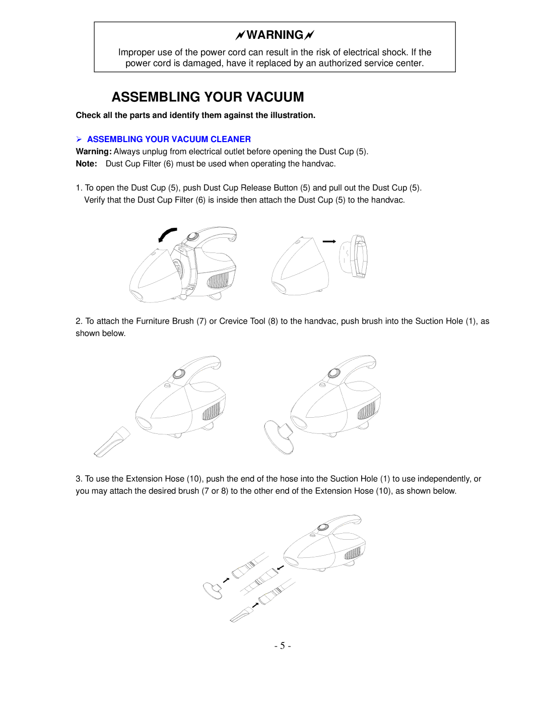 Sunbeam SBH-200 manual ¾ Assembling Your Vacuum Cleaner 