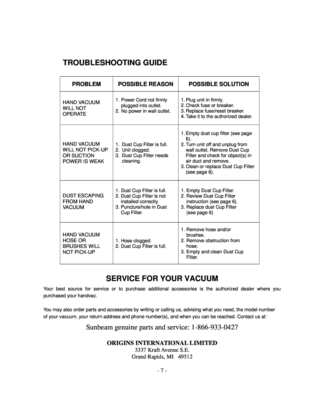 Sunbeam SBH-200 manual Troubleshooting Guide, Service For Your Vacuum, Kraft Avenue S.E Grand Rapids, MI 