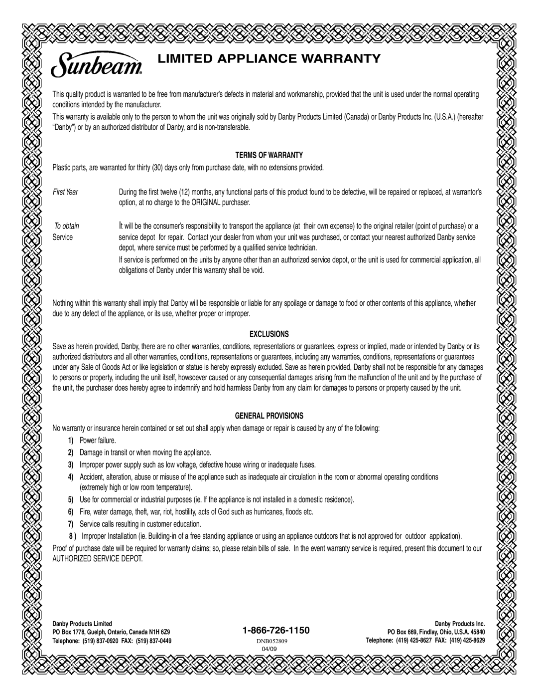 Sunbeam SBMW1049SS warranty Limited Appliance Warranty 