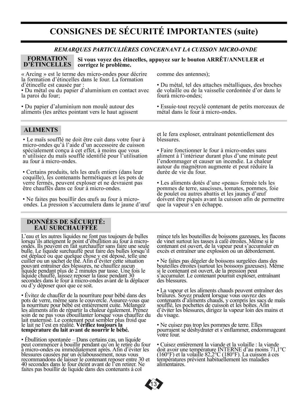 Sunbeam SBMW1049SS warranty Formation, ’Étincelles, Aliments, Données DE Sécurité EAU Surchauffée, Corrigez le problème 