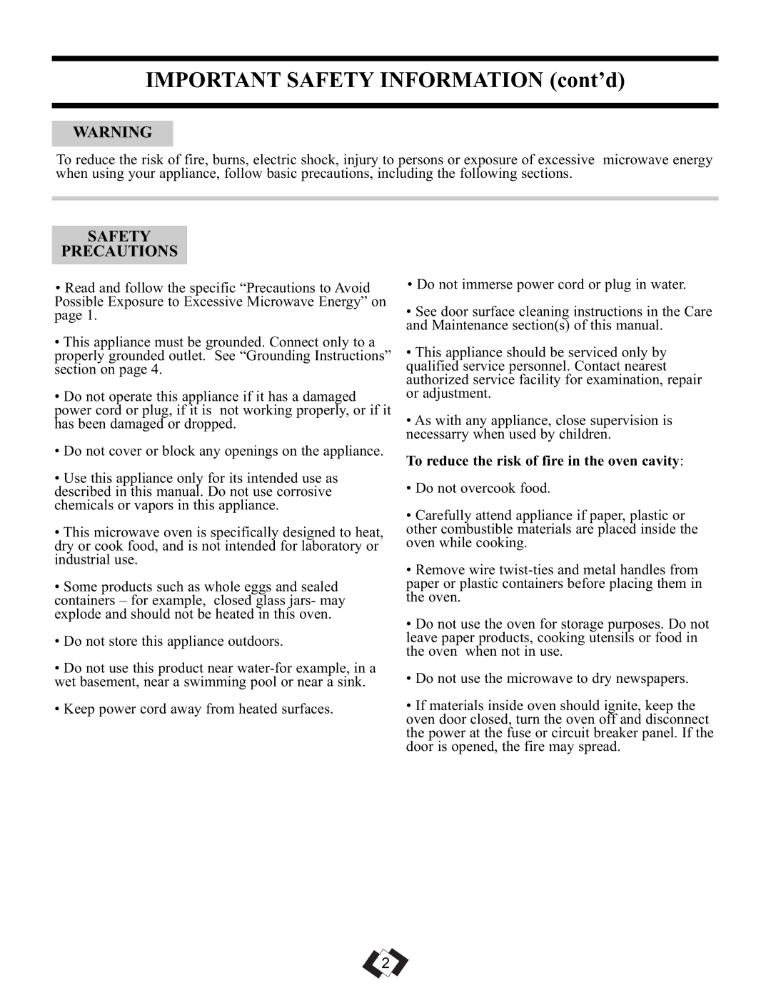 Sunbeam SBMW1049SS Important Safety Information cont’d, Safety Precautions, To reduce the risk of fire in the oven cavity 