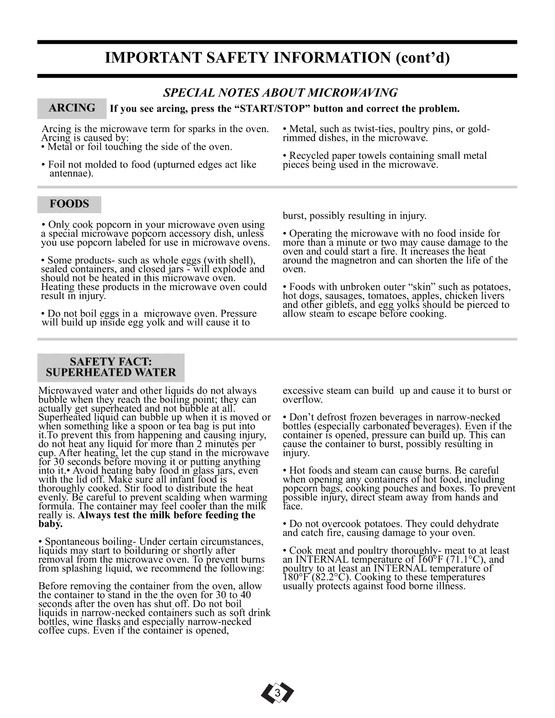 Sunbeam SBMW1049SS warranty Foods, Safety Fact Superheated Water, Baby 