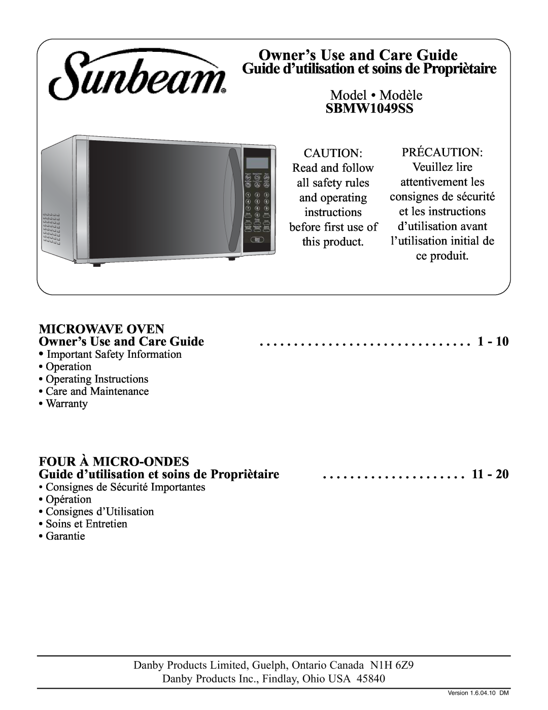 Sunbeam SBMW1049SS warranty Owner’s Use and Care Guide, Guide d’utilisation et soins de Propriètaire, Model Modèle 
