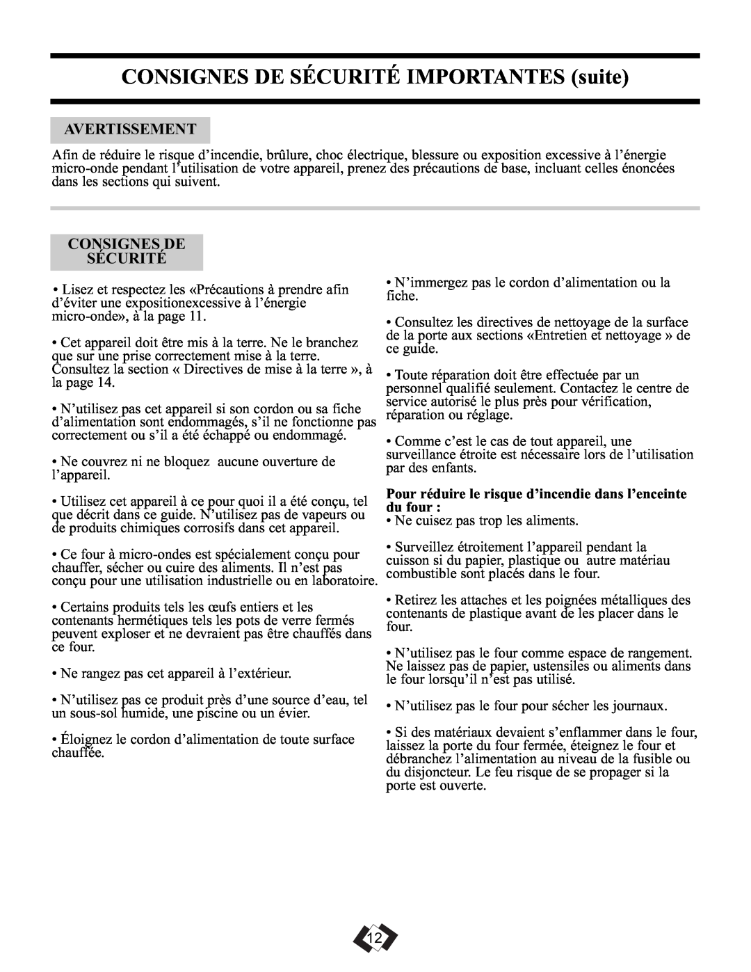 Sunbeam SBMW1049SS warranty CONSIGNES DE SÉCURITÉ IMPORTANTES suite, Avertissement, Consignes De Sécurité 