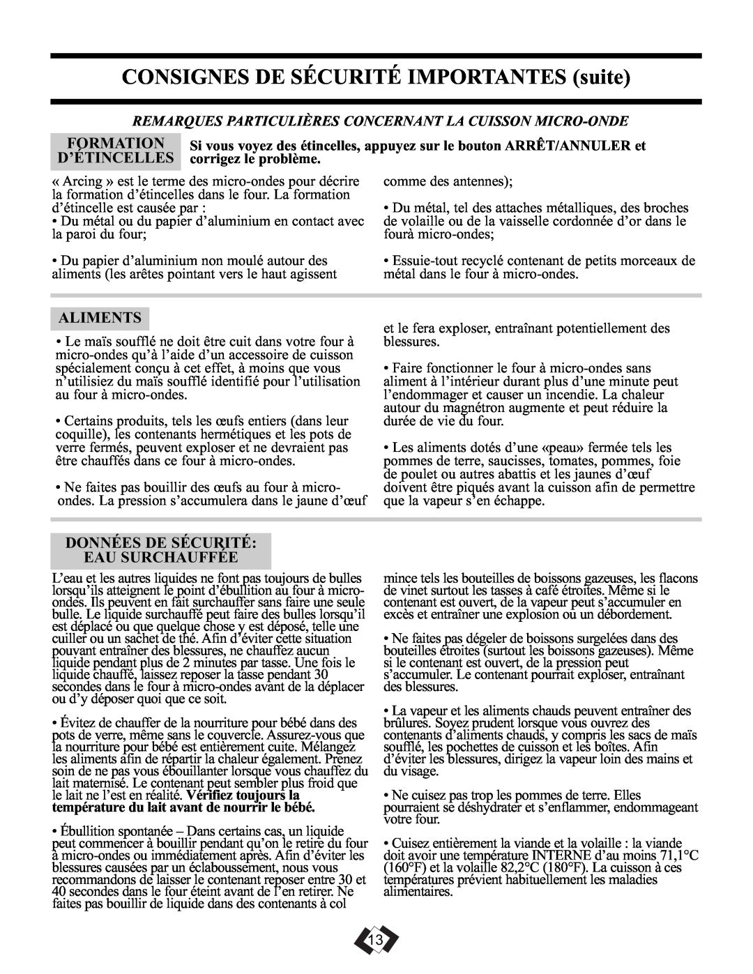 Sunbeam SBMW1049SS warranty CONSIGNES DE SÉCURITÉ IMPORTANTES suite, Formation, D’Étincelles, Aliments 