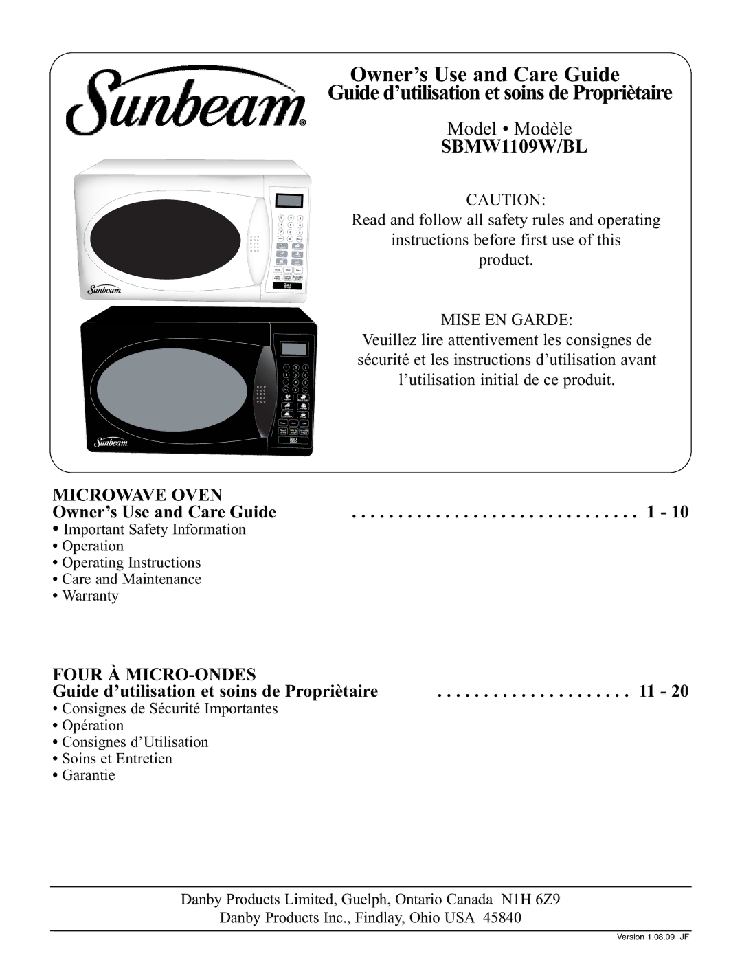 Sunbeam SBMW1109W/BL operating instructions 