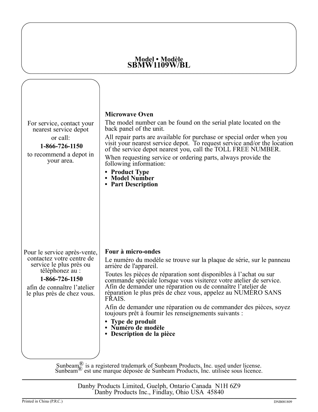 Sunbeam SBMW1109W/BL operating instructions Model Modèle 