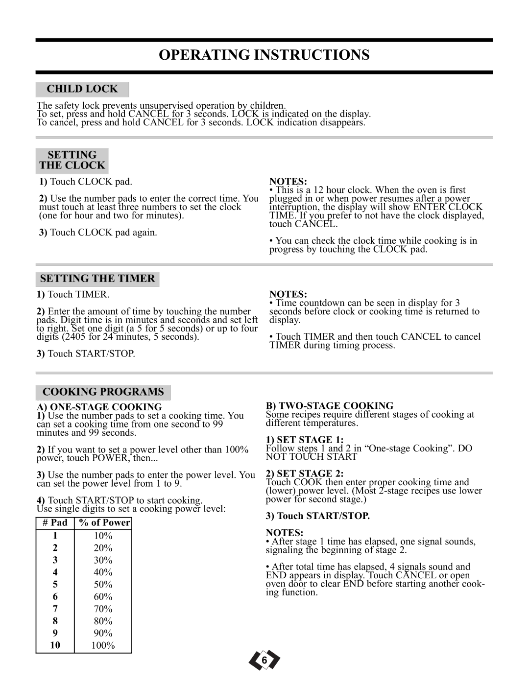 Sunbeam SBMW1109W/BL Operating Instructions, Child Lock, Setting Clock, Setting the Timer, Cooking Programs 