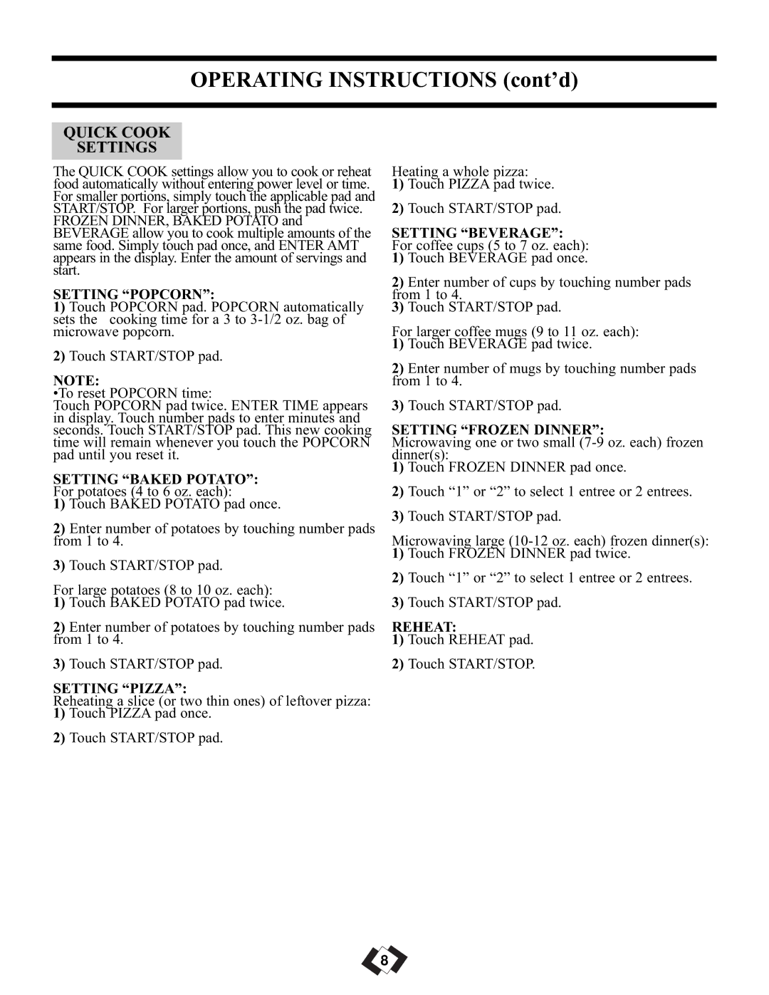 Sunbeam SBMW1109W/BL operating instructions Quick Cook Settings 