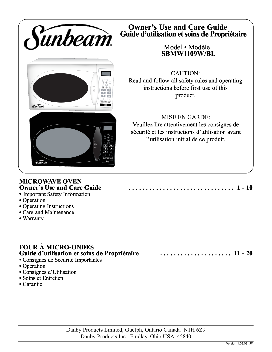 Sunbeam SBMW1109W/BL operating instructions Model Modèle, Microwave Oven, Owner’s Use and Care Guide, Four À Micro-Ondes 
