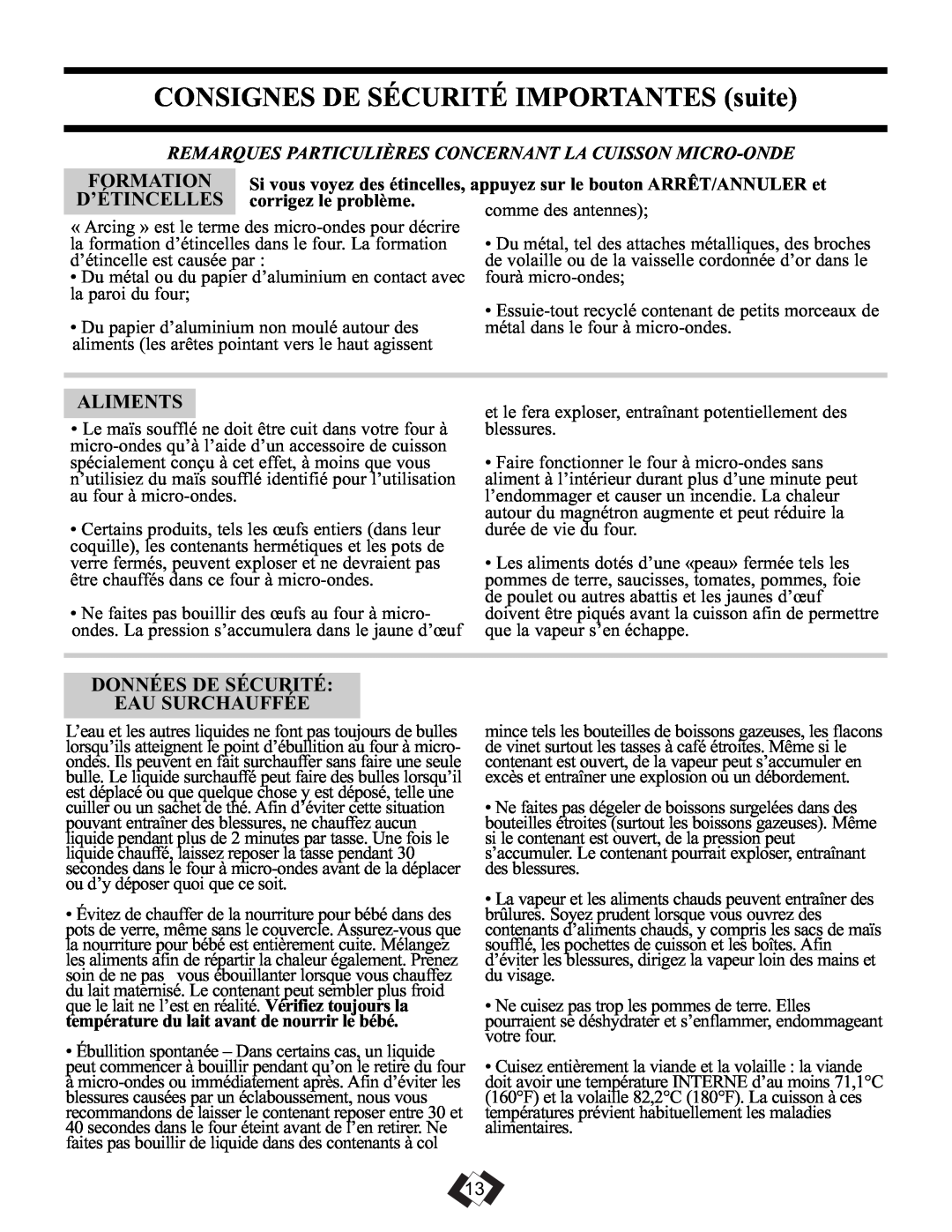 Sunbeam SBMW1109W/BL operating instructions Formation, D’Étincelles, Aliments, Données De Sécurité Eau Surchauffée 
