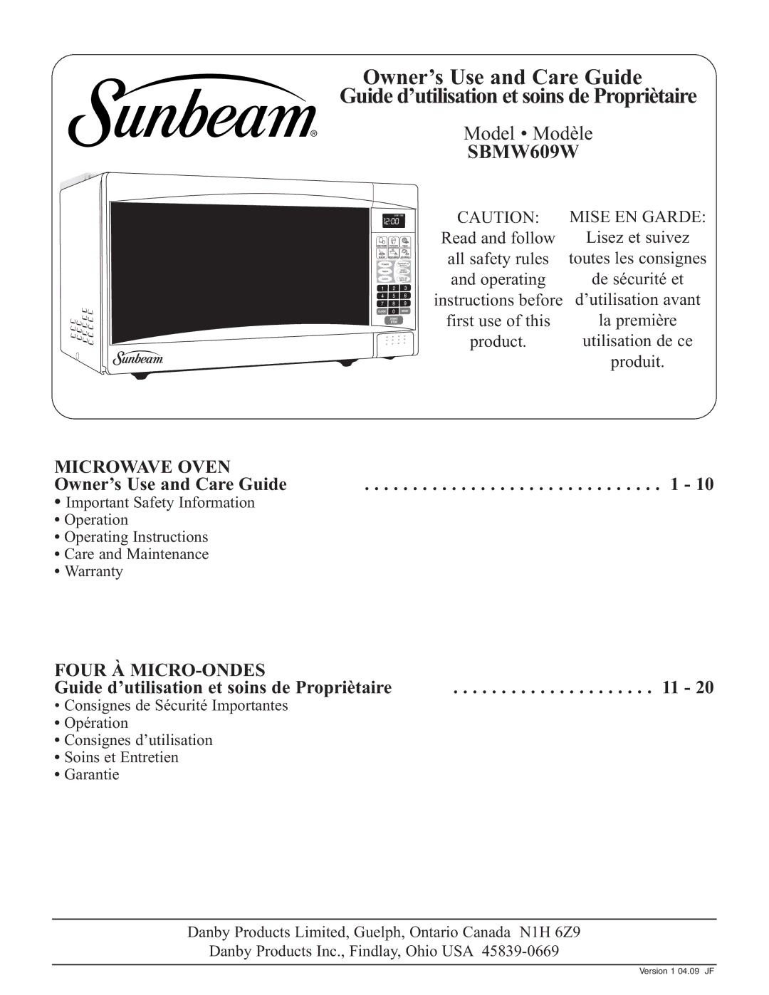 Sunbeam SBMW609W warranty 