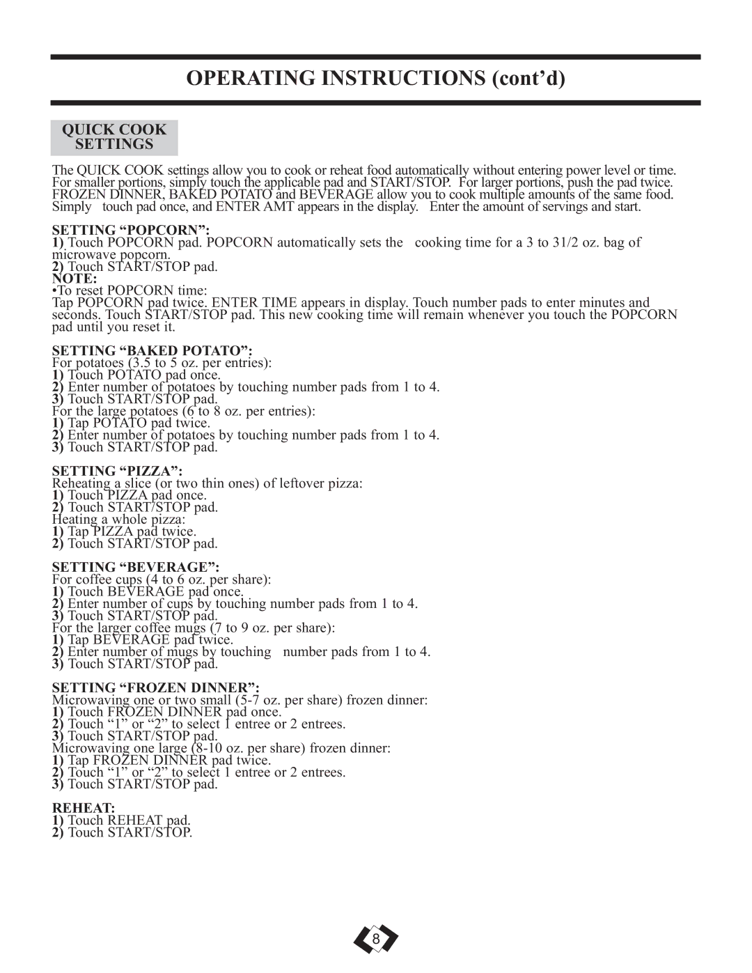 Sunbeam SBMW609W warranty Quick Cook Settings 