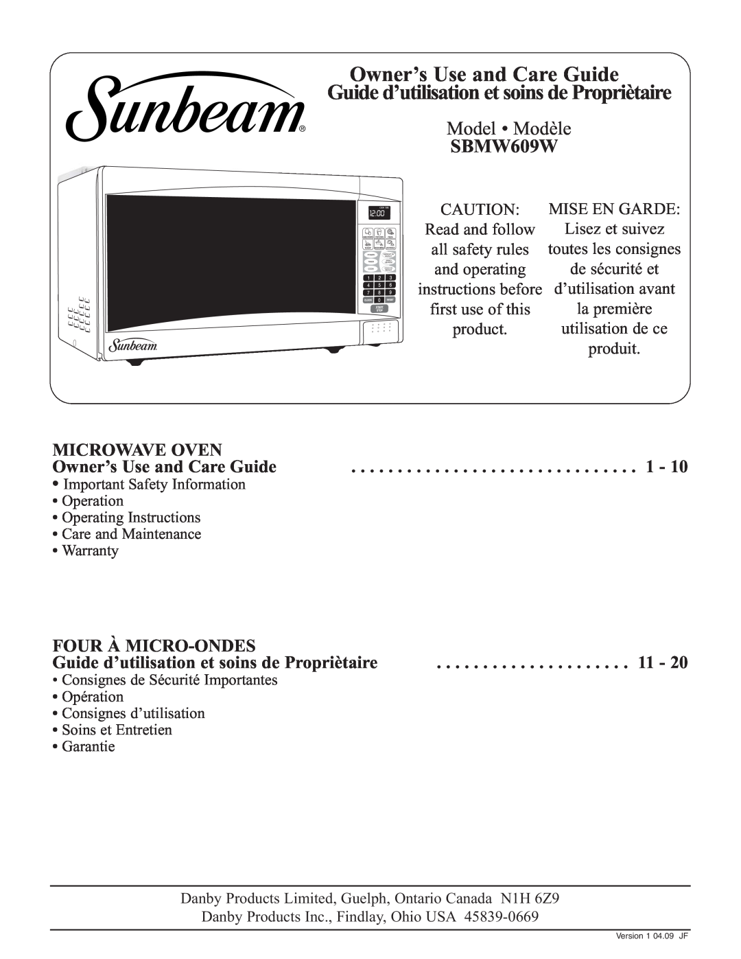 Sunbeam SBMW609W warranty Owner’s Use and Care Guide, Guide d’utilisation et soins de Propriètaire, Model Modèle 