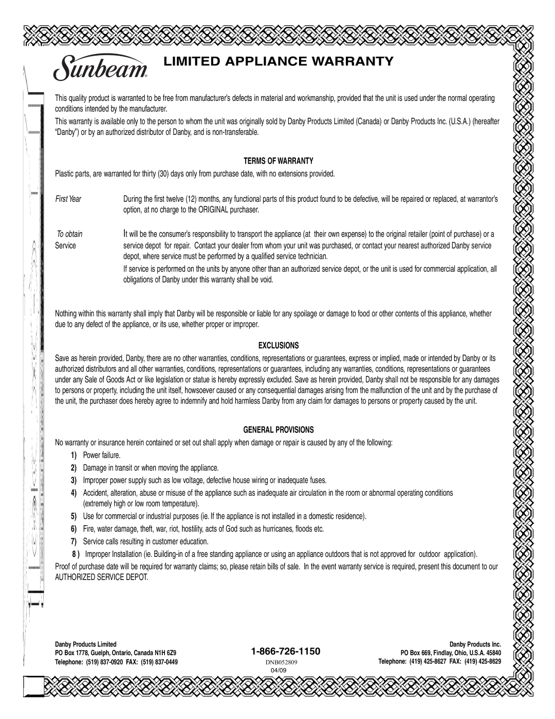 Sunbeam SBMW709BLS warranty Limited Appliance Warranty 