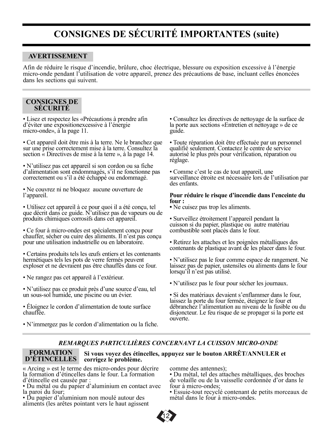 Sunbeam SBMW709BLS warranty Consignes DE Sécurité Importantes suite, Avertissement, Formation, ’Étincelles 