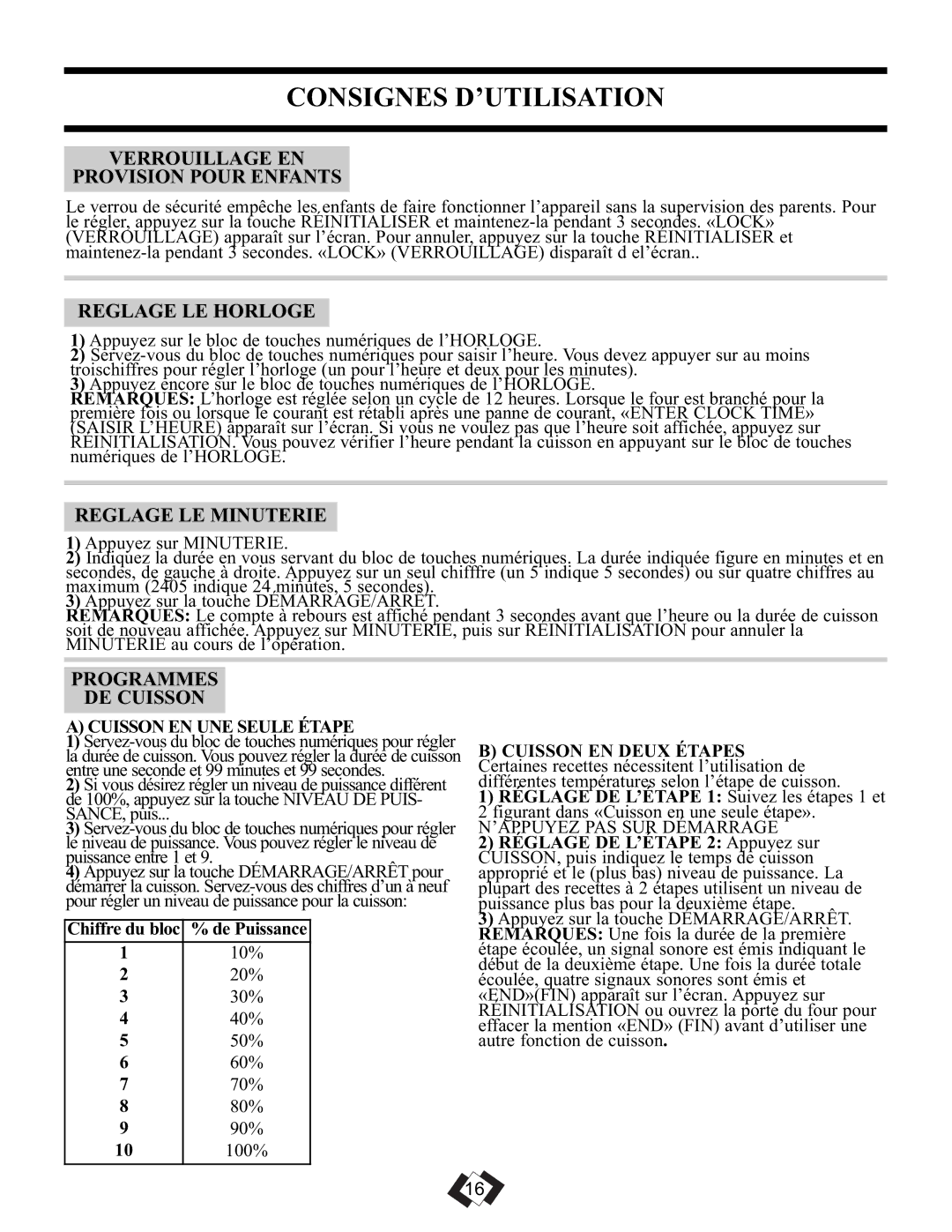 Sunbeam SBMW709BLS warranty Consignes D’UTILISATION, Verrouillage EN Provision Pour Enfants, Reglage LE Horloge 