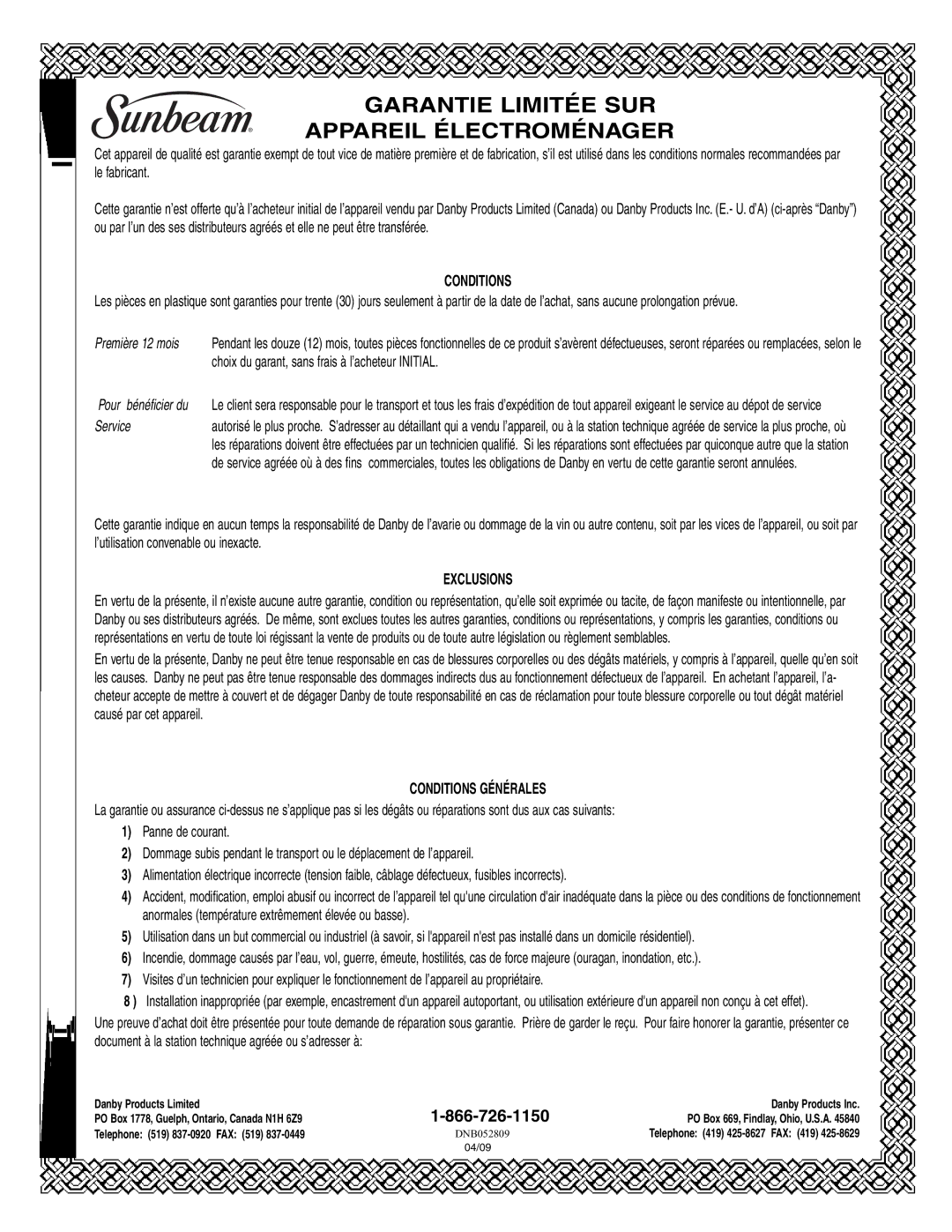 Sunbeam SBMW709BLS warranty Garantie Limitée SUR Appareil Électroménager 