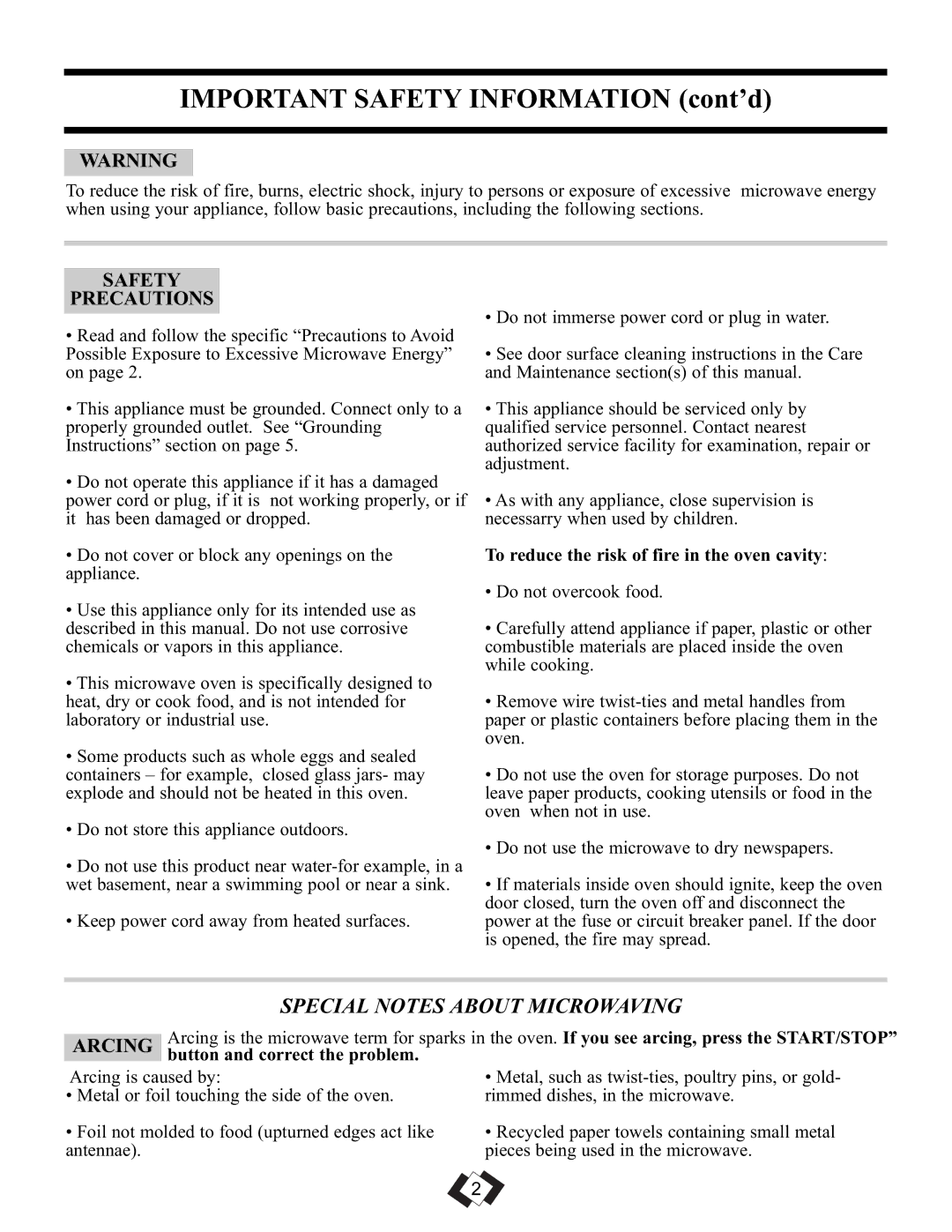 Sunbeam SBMW709BLS warranty Important Safety Information cont’d, Safety Precautions, Arcing, Button and correct the problem 