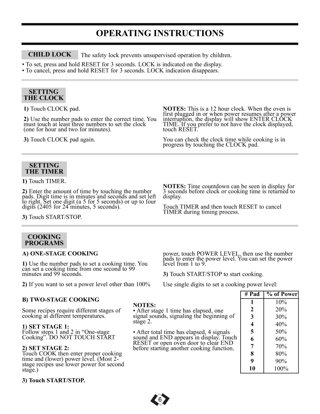 Sunbeam SBMW709BLS warranty Operating Instructions, Setting Clock, Setting Timer, Cooking Programs 