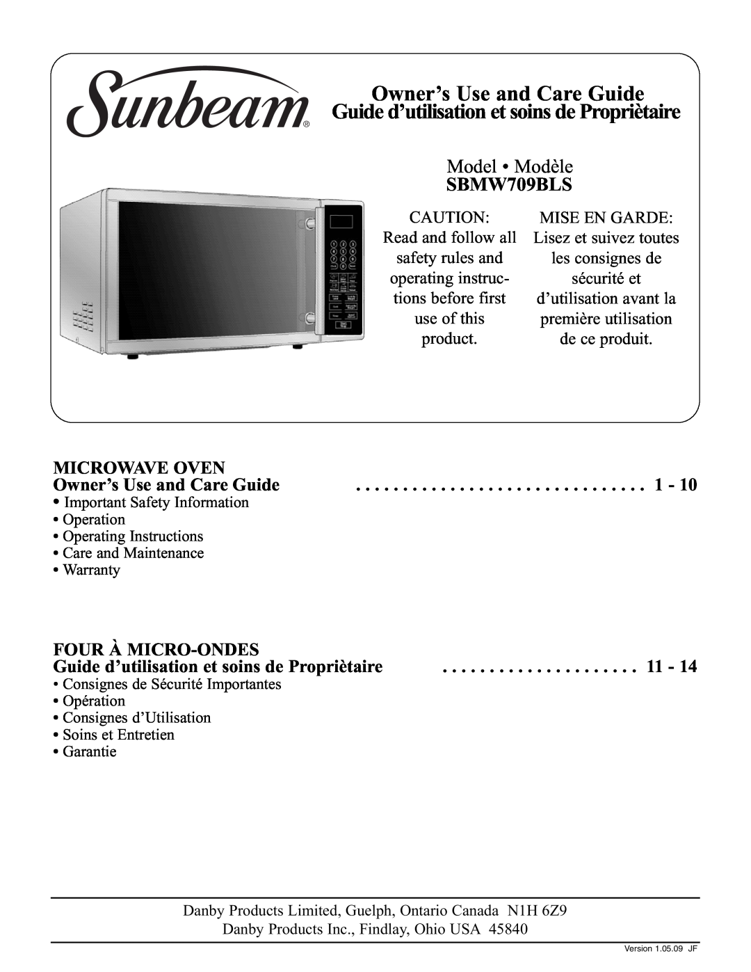 Sunbeam SBMW709BLS warranty Owner’s Use and Care Guide, Guide d’utilisation et soins de Propriètaire, Model Modèle 