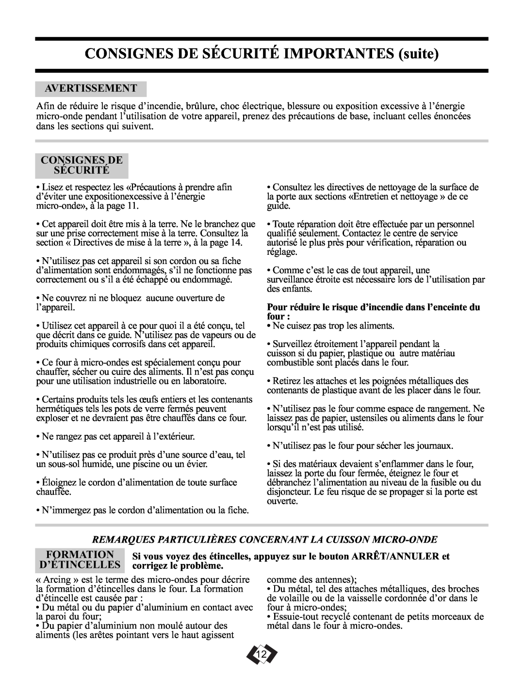 Sunbeam SBMW709BLS CONSIGNES DE SÉCURITÉ IMPORTANTES suite, Avertissement, Consignes De Sécurité, Formation, D’Étincelles 