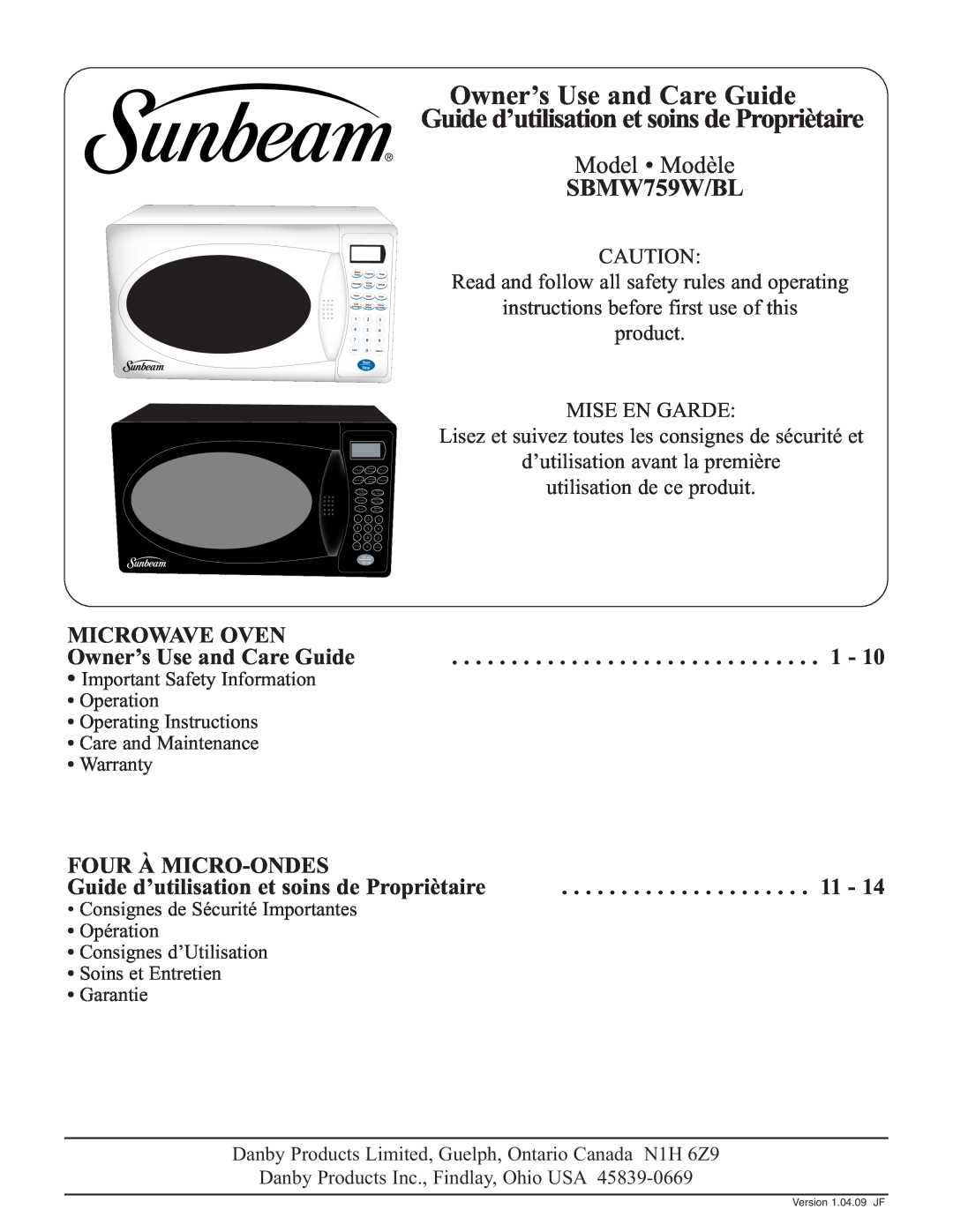 Sunbeam SBMW759W/BL warranty Model Modèle, Microwave Oven, Owner’s Use and Care Guide, Four À Micro-Ondes, Mise En Garde 