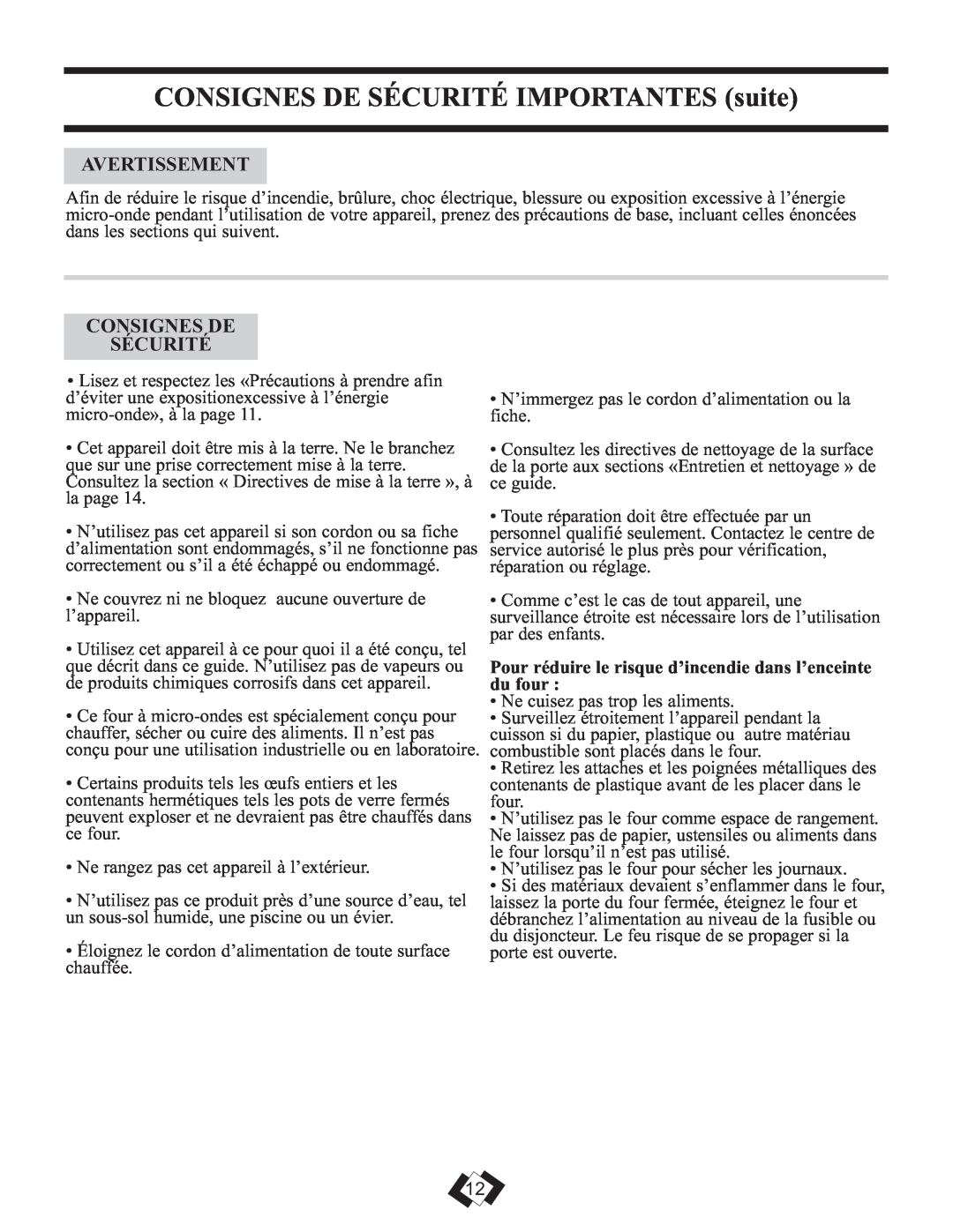 Sunbeam SBMW759W/BL warranty CONSIGNES DE SÉCURITÉ IMPORTANTES suite, Avertissement, Consignes De Sécurité 