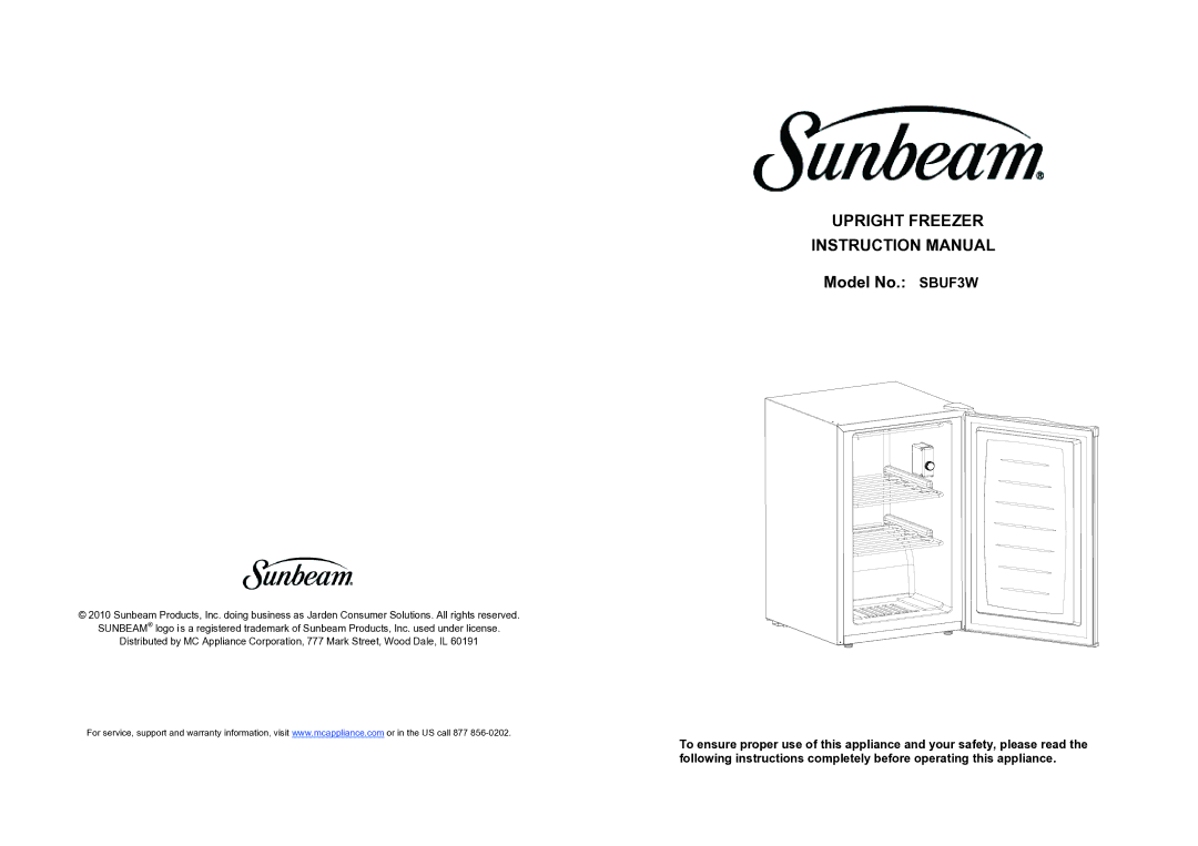 Sunbeam instruction manual Upright Freezer, Model No. SBUF3W 